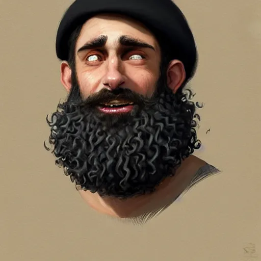 Image similar to a portrait of a happy merchant jew wearing kippah!!!, rubbing hands!!!, evil, tricky, black curly beard, black curly hair, black eyes, hooked nose, by greg rutkowski, artstation, by artgerm, by wlop