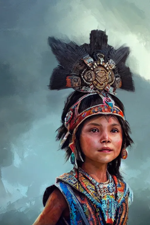 Prompt: aztec little girl, joyful, close - up portrait, intricate, elegant, volumetric lighting, scenery, digital painting, highly detailed, artstation, sharp focus, illustration, concept art, ruan jia, steve mccurry