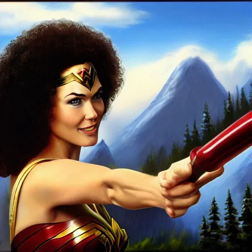 Image similar to a closeup photorealistic photograph of bob ross working on a canvas painting of wonder woman. film still. brightly lit scene. mountains and trees. this 4 k hd image is trending on artstation, featured on behance, well - rendered, extra crisp, features intricate detail, epic composition and the style of unreal engine.