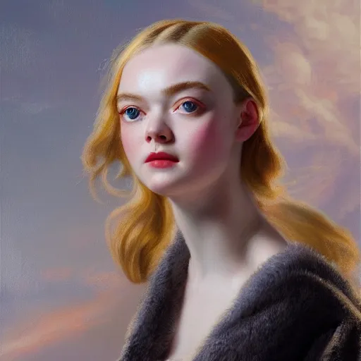 Image similar to leyendecker and peter paul rubens, head and shoulders portrait of a elle fanning, nighttime, at sea, ray tracing, unreal engine, fantasy art by global illumination, radiant light, detailed and intricate environment