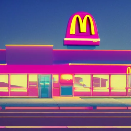 Image similar to 80s vaporwave outrun 3d Render of a mcdonalds, liminal space retro, grainy, noisy