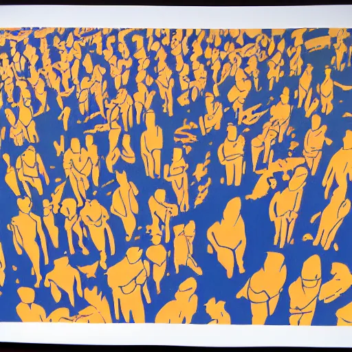 Prompt: screen printing, gouache by toshio saeki, by asger jorn dynamic. a beautiful installation art of a group of people standing in a line. they are all facing the same direction & appear to be waiting for something.