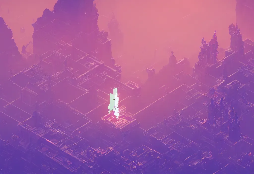 Image similar to isometric pixel art bloodborne no mans sky, vaporwave, cinematic lighting, 4 k