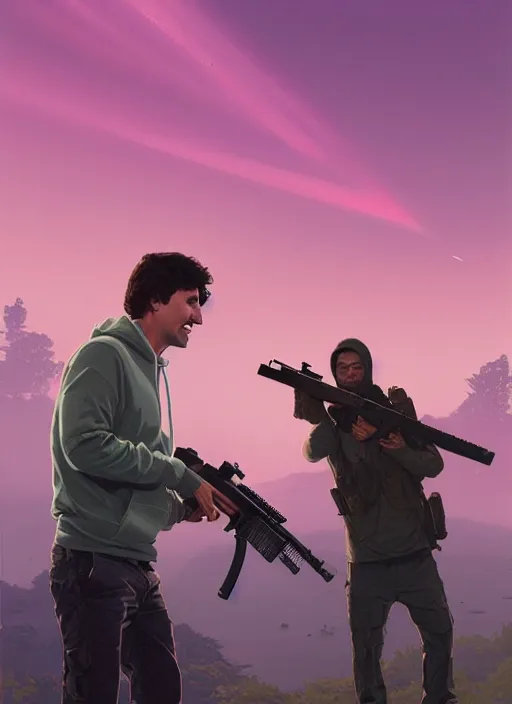 Prompt: highly detailed portrait justin trudeau in ( ( pink hoody ) ) holding ar - 1 5! ( setting costa rica ) in gta v stephen bliss unreal engine fantasy art by greg rutkowski loish rhads ferdinand knab makoto shinkai lois van baarle ilya kuvshinov rossdraws tom bagshaw global illumination radiant light detailed intricate environment