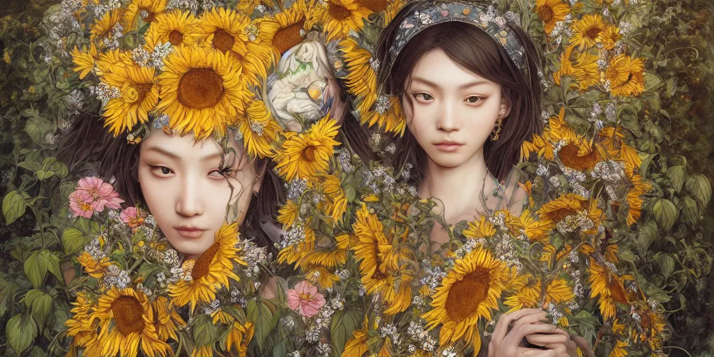 Prompt: breathtaking detailed concept art painting of the goddess of sunflower flowers, orthodox saint, with anxious, piercing eyes, ornate background, amalgamation of leaves and flowers, by Hsiao-Ron Cheng, James jean, Miho Hirano, Hayao Miyazaki, extremely moody lighting, 8K