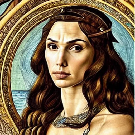 Image similar to gal gadot as a viking shield maiden, elegant portrait by sandro botticelli, detailed, symmetrical, intricate