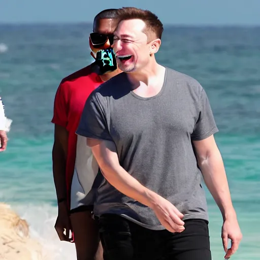 Image similar to elon musk and kanye west happy smiling laughing walking around the beach in aruba