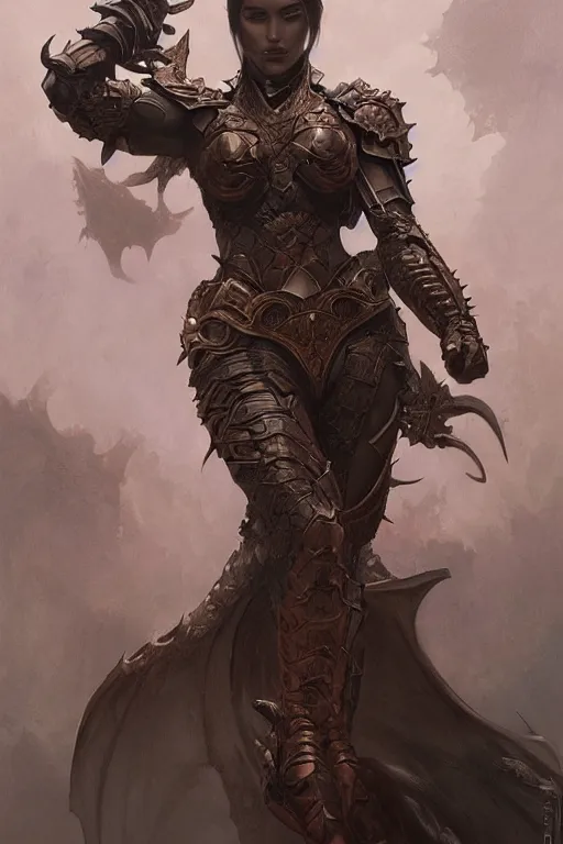 Image similar to warrior, wearing a dark armor, a dragon in the back, intricate, elegant, highly detailed, digital painting, artstation, concept art, smooth, sharp focus, illustration, art by artgerm and greg rutkowski and alphonse mucha and andrei riabovitchev