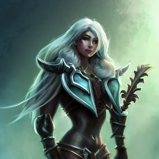 Prompt: a beautiful woman warrior long hair. wearing black leather armor. holding a spoon. league of legend concept art champion. dogital art. award winning high definition