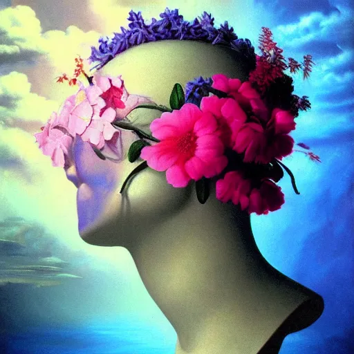 Image similar to a surreal vaporwave vaporwave vaporwave vaporwave vaporwave painting by Thomas Cole of an old pink mannequin head with flowers growing out, sinking underwater, highly detailed, caustics, sunrays, 8k hyperdetails