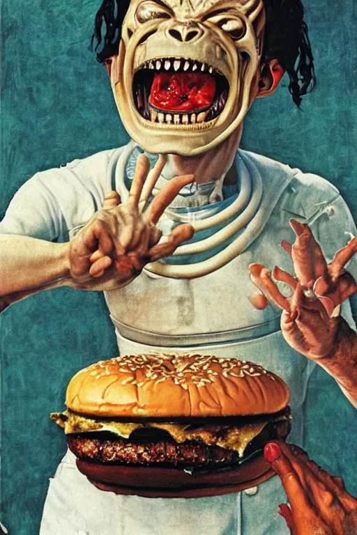 Prompt: alien xenomorph eating a cheeseburger, painted by norman rockwell