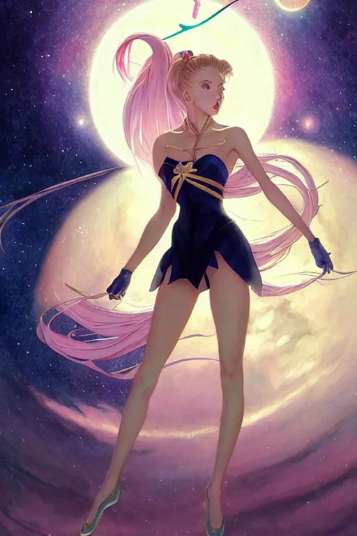 Image similar to aeon flux as sailor moon picture by Greg Rutkowski, pastels, stars, dynamic pose, matte painting, intricate, fantasy concept art, elegant, by Stanley Artgerm Lau, WLOP, golden ratio, thomas kindkade, alphonse mucha, loish, Peter chung, norman Rockwell,