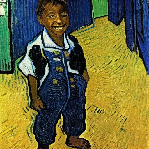 Prompt: painting portrait of a black boy smiling, studio portrait by van gogh