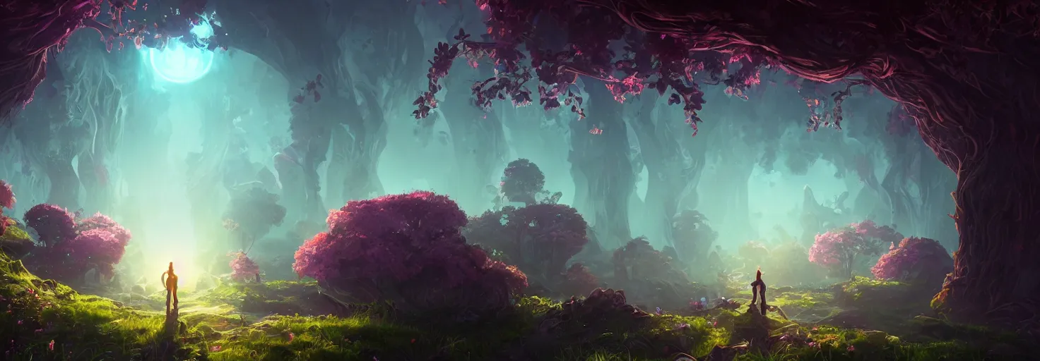 Image similar to A realm of whispers and mysteries, intricate, elegant, fantasy, highly detailed, digital painting, concept art, sharp focus, illustration, beautiful volumetric lighting, epic light, artstation, magic hour lighting, colorful, sunshine, springtime, by Sylvain Sarrailh, ine style of ori game