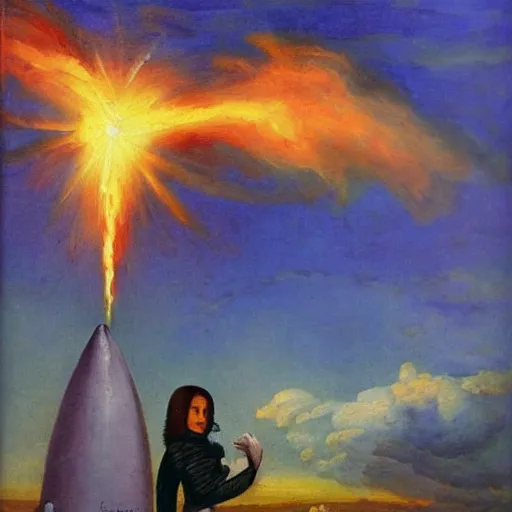 Prompt: romanticism painting of a rocket with a human face