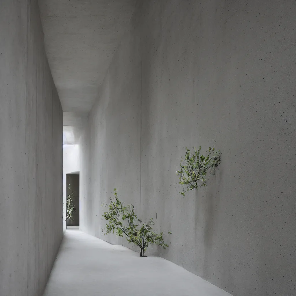 Image similar to photograph of a hallway, concrete, tadao ando, flowers, minimalist, architecture magazine, dezeen, 50mm, pentax, film