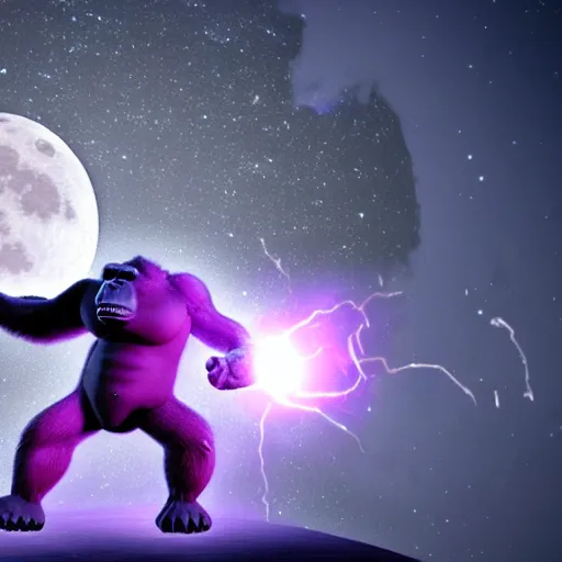 Prompt: a giant gorilla charging a purple tinted spirit bomb, a full moon in the background, cell shaded