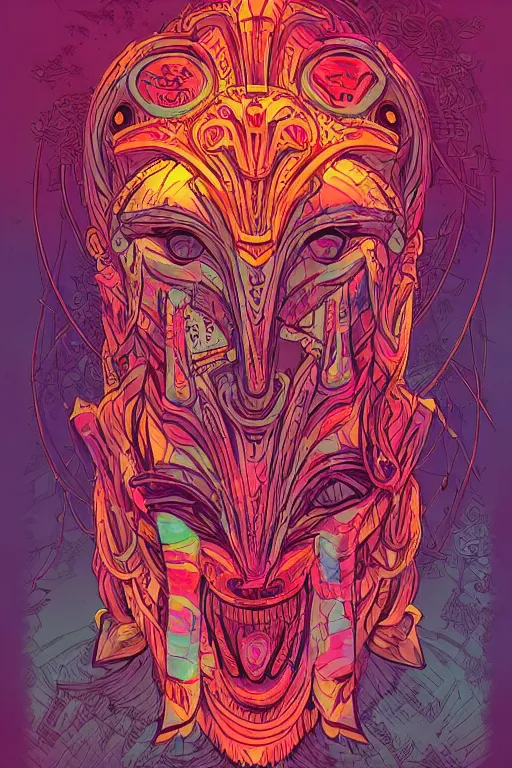 Image similar to totem animal tribal chaman vodoo mask feather gemstone plant video game illustration vivid color borderlands and by feng zhu and loish and laurie greasley, victo ngai, andreas rocha, john harris radiating a glowing aura