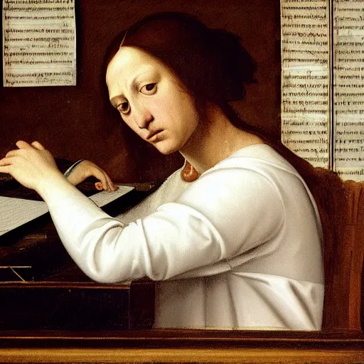 Prompt: Renaissance painting of a person sitting in an office cubicle, typing on keyboard, stressed