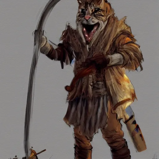 Image similar to dirty homeless humanoid cat wearing rags, wielding a broadsword, concept art, d & d, fantasy, trending on artstation