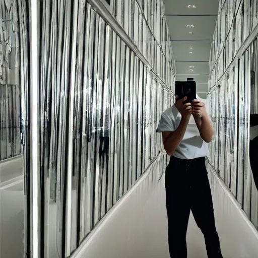 Image similar to a man taking a selfie in front of a large mirror wall, a tilt shift photo by leandro erlich, featured on cg society, kitsch movement, hall of mirrors, high dynamic range, studio portrait