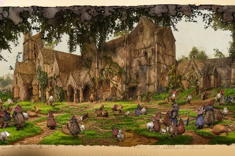 Image similar to an elaborate and dense painting of redwall abbey in mossflower wood with lots of mice and rabbits and otters walking around, detailed, made of alcohol ink on parchment and penned illustrations, by brian jacques and jean baptiste monge