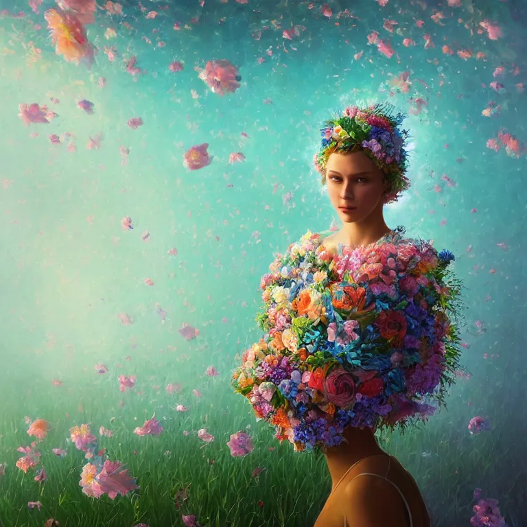 Prompt: a beautiful oil painting hyperrealism of a beautiful young woman, flowers, floral headdress, 8 k resolution, octane render, trending on artstation, by gediminas pranckevicius, volumetric light 2 blue fractal thunder glow by dan mumford, anaglyph effect, laurie lipton