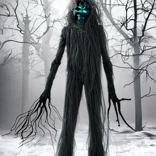 Image similar to humanoid ethereal ghostly live action muppet wraith like figure with a lightbulb jellyfish head with two very long tentacles for arms that flow gracefully at its sides with a long fuzzy snake tail in place of its legs, it stalks around the frozen tundra searching for lost souls and that hide in the shadows in the trees, this character can control the ice, snow, shadows, and electricity, it is a real muppet by sesame street, photo realistic, real, realistic, felt, stopmotion, photography, sesame street