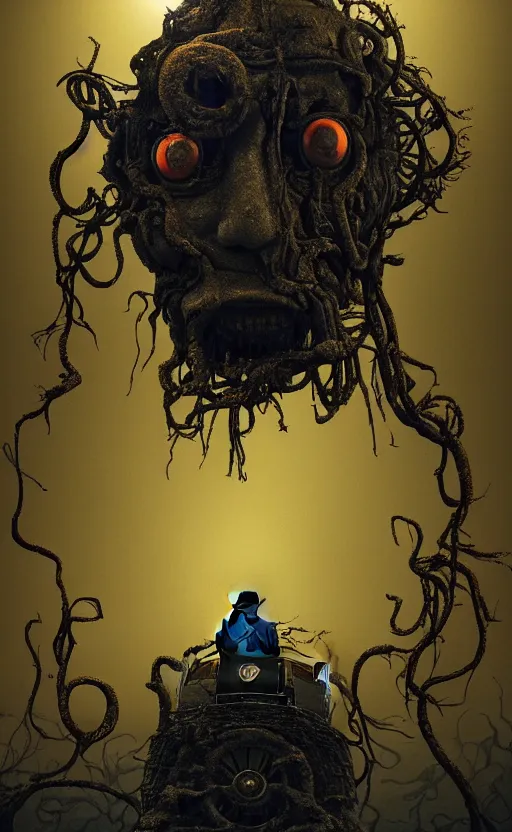 Image similar to thomas the tank engine in style of zdzisław beksinski, extremely dramatic lighting, 8 k, tendrils, black, darkness, black slime tendrils, infected, rust, body horror, thomas the train, thomas the tank engine face, horror,