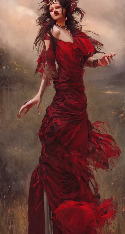 Image similar to one person only. One head only. Long flowing dress. Oversized flowing swirling dress floating very ornate dress . Solomon Joseph Solomon and Richard Schmid and Jeremy Lipking victorian genre painting portrait painting of a young beautiful woman punk rock goth with punk rock haircut in fantasy costume, red background