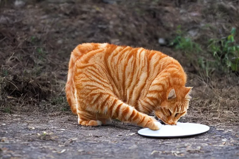 Image similar to large orange tabby cat eating lasagna by Emmanuel Lubezki