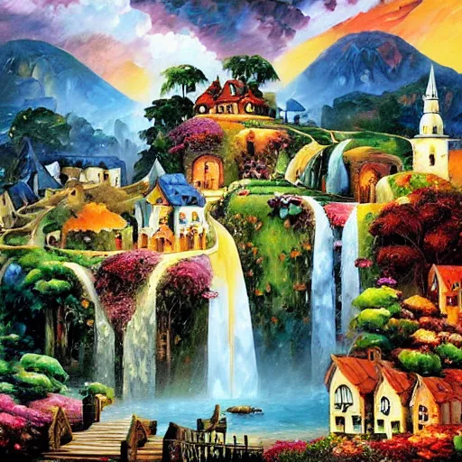 Image similar to waterfall village by james christensen, rob gonsalves, paul lehr, leonid afremov and tim white