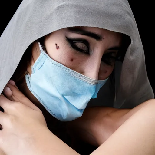 Image similar to Hot young woman, grey skin, void eyeballs, tattoos, wearing a leather jacket, comforting someone in a shroud and mask, hugging them as they cry on her chest