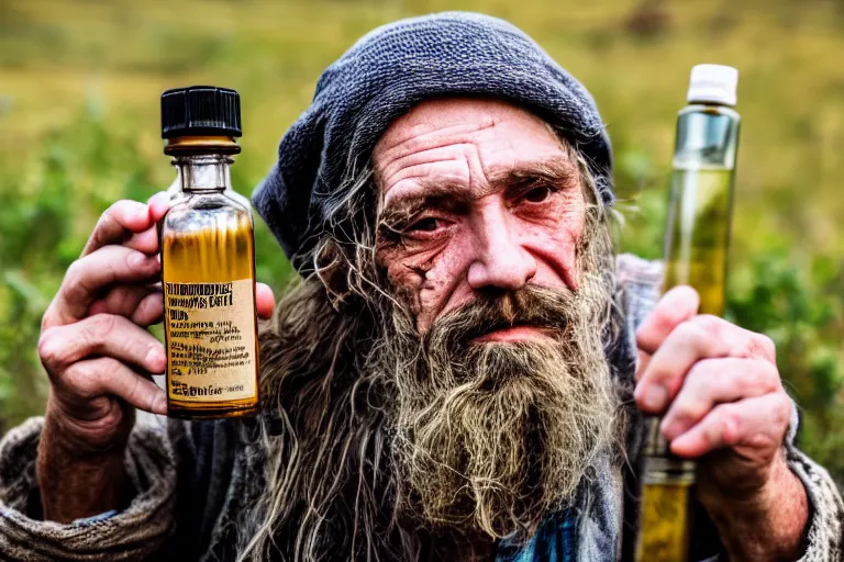 Prompt: dirty hobo holding a bottle of hawthorn tincture in his hands, professional shooting, model shooting, high quality, professional light,