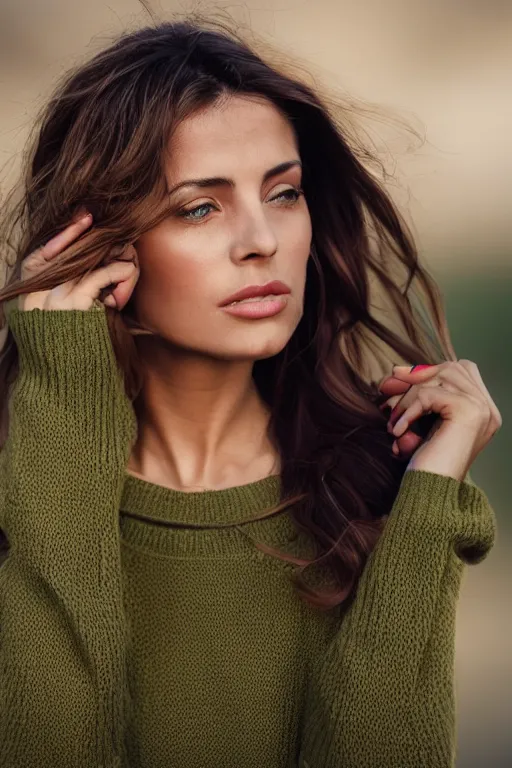 Image similar to olive skinned female model in her thirties, wearing sweater, focused on neck, photo realistic, extreme detail skin, natural beauty, no filter, slr, golden hour, 4 k, high definition, selfie