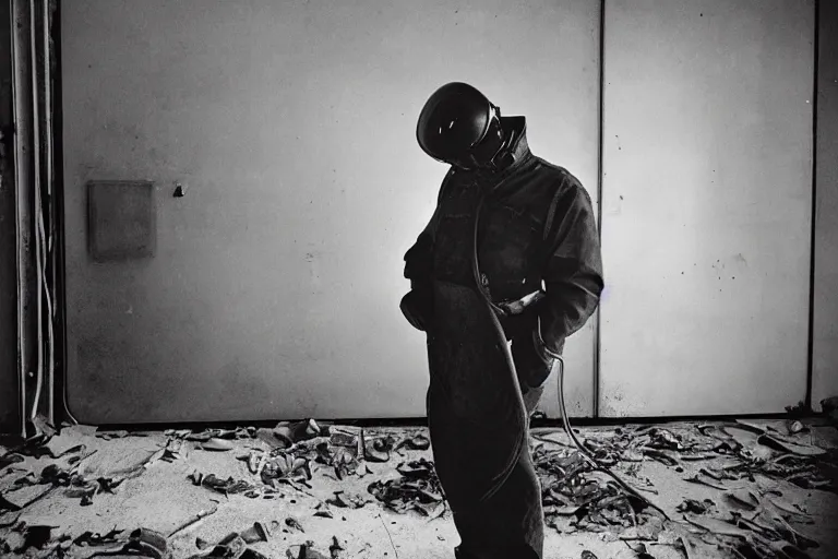 Prompt: welder in welding mask in abandoned office building, ominous lighting, by richard avedon, tri - x pan stock