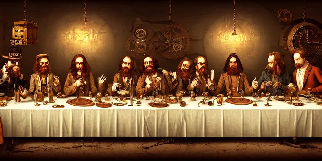 Image similar to steampunk last supper by wes anderson, digital painting, trending on artstation, sharp focus, 4 k