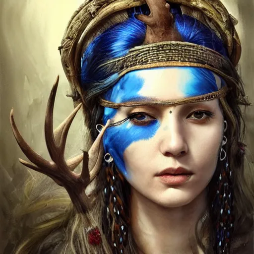 Image similar to A young female shaman, blue hair and antlers on her head. blindfolded, heilung, in the style of Heather Theurer, headshot photoshoot, insanely detailed and intricate, beautiful, elegant, cinematic toplight, portrait, headroom, artstation, karol bak