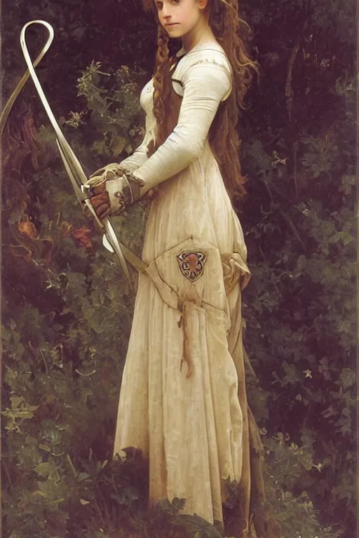 Image similar to hermione granger wearing medieval armour, bouguereau and mucha