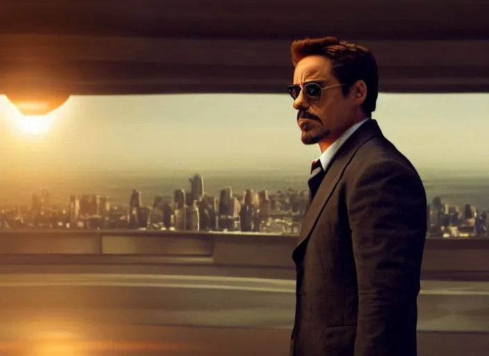 Image similar to film still of Robert Downey Jr as Cobb with the world bending in the background in Inception, 4k