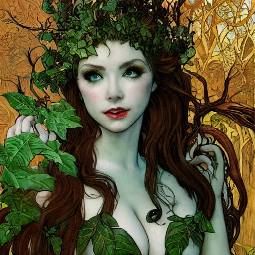 Prompt: a beautiful and detailed magic the gathering card of a seductive poison ivy as a dryad, fantasy, d & d, dark eyeliner, intricate, elegant, highly detailed, digital painting, artstation, concept art, matte, sharp focus, illustration, art by rebecca guay and by arthur rackham and by alphonse mucha and by john william waterhouse