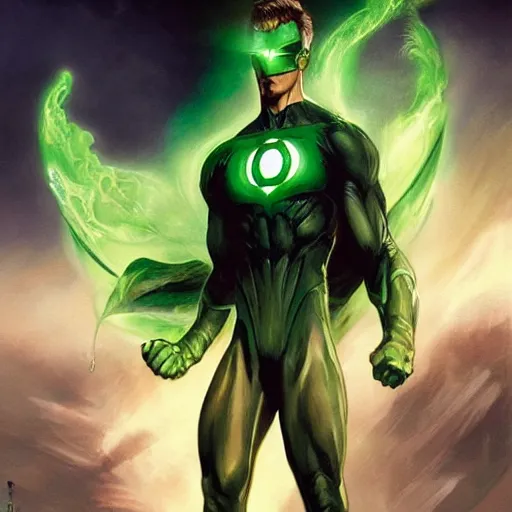 Image similar to Green Lantern summoning a car, artists portrait, fantasy, highly detailed, digital painting, concept art, sharp focus, depth of field blur, illustration, art by artgerm and greg rutkowski and alphonse mucha