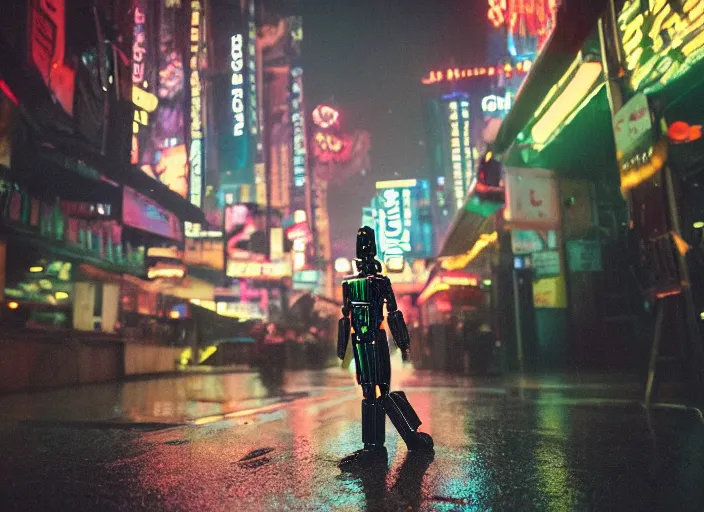 Prompt: a 2 8 mm macro kodachrome photo of a tall huge metallic cyborg droid with glowing lights, running on a rainy night in the city in the 1 9 5 0's, seen from a distance, canon 5 0 mm, cinematic lighting, film, photography, award - winning, neon, cyberpunk, blade runner