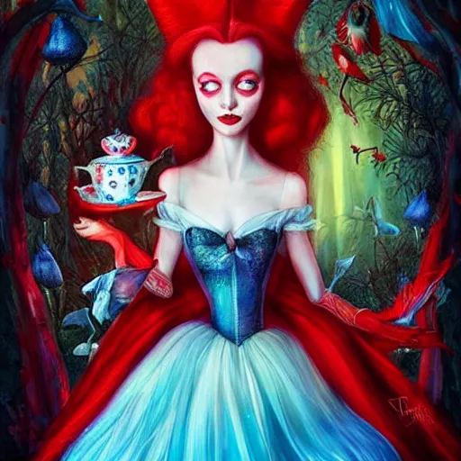 Prompt: the red queen from alice in wonderland having a tea party by anna dittmann, highly detailed, bright tones