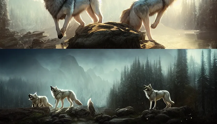 Prompt: dreamy fantasy pack of wolves, bright, white, epic scene, matte painting, highly detailed, high quality, 8 k, 4 k, octane render, digital painting, alena aenami, lilia alvarado, shinji aramaki, karol bak, alphonse mucha, tom bagshaw