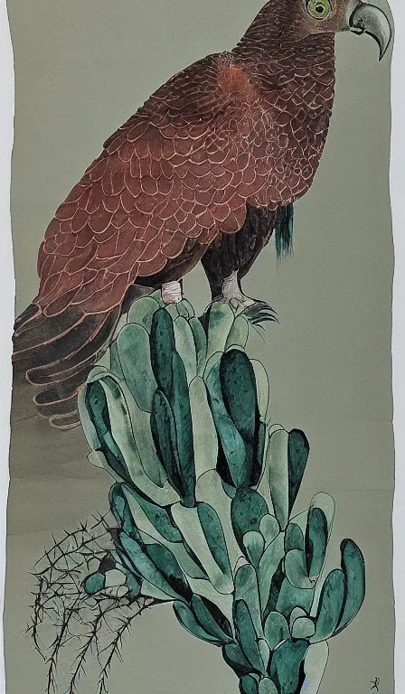 Prompt: Shen Quan's turkey vulture sitting on cactus , hanging scroll, ink and colours on silk, beautiful, muted