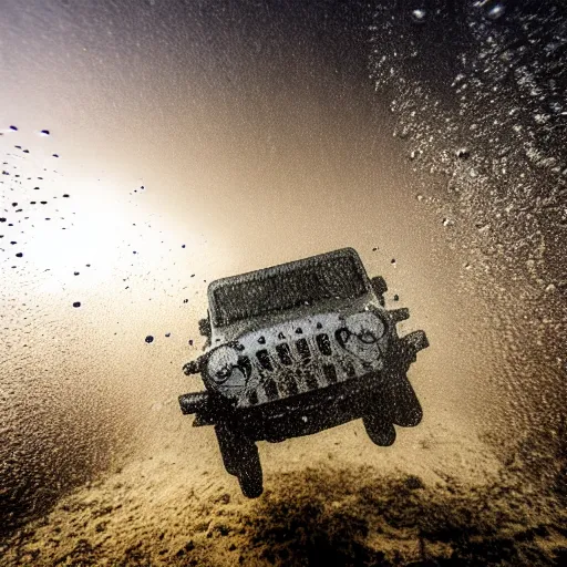 Image similar to eerie murky underwater photo of an upside - down jeep sinking down. bubbles. 4 k.