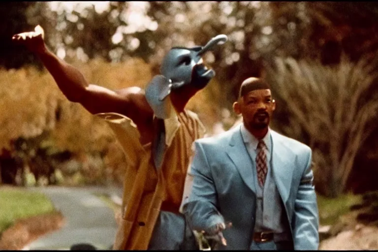 Prompt: film still of Will Smith in The Mask (1994), film grain