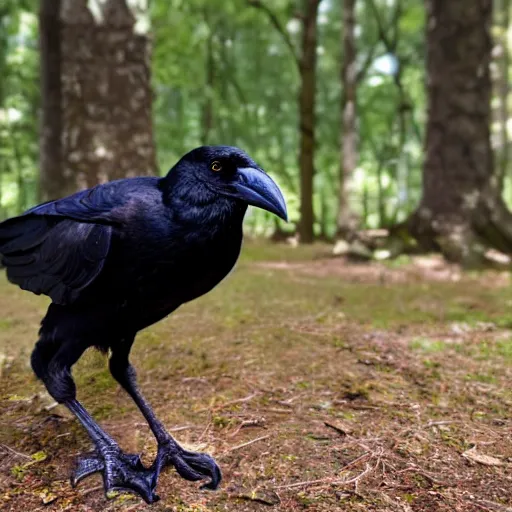 Image similar to anthropomorphic crow standing upright, photograph captured in a forest