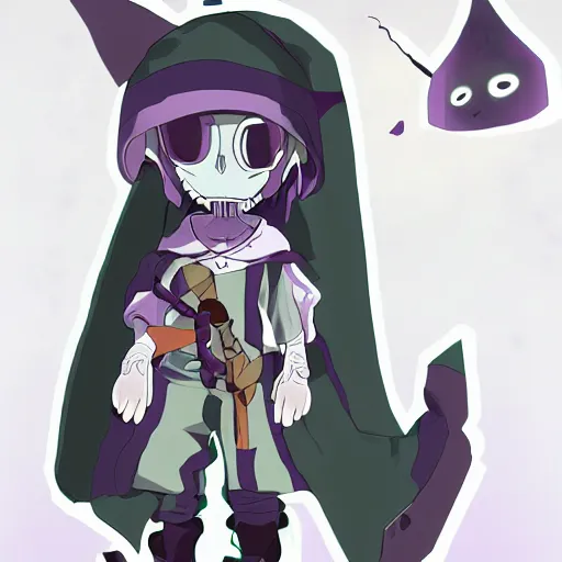 Image similar to cute little boy wearing an skull mask and dressed in an nun outfit, purple color palette, artwork made in made in abyss art style, inspired in ddtank and hirohiko araki, ray tracing, soft details, anatomically correct, aesthetic